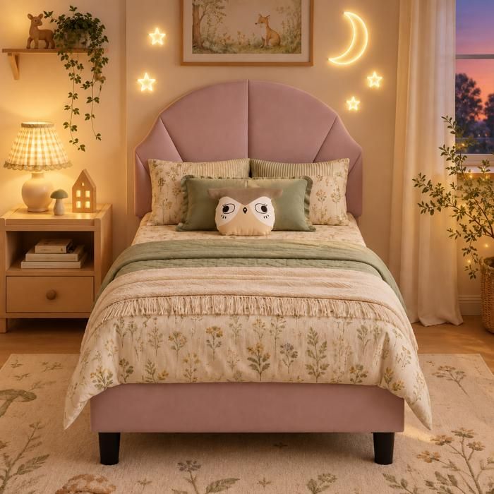 Lit Simple Fille 90x200 cm - Lit Enfant Rembourre avec Sommier à Lattes en Bois - Tête de Lit Réglable en Hauteur - Velours - Rose