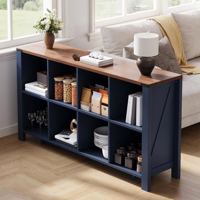 Buffet Bleu Moderne Meuble de Rangement avec 8 Compartiments de Rangement Meuble Cuisine avec Plan de Travail 140 x 34 x 75 cm