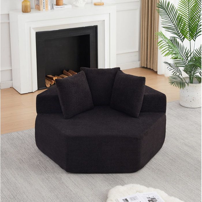 Maisentiel fauteuil lounge hexagonal modulable 1 place en chenille noire avec accoudoirs et 3 coussins 122 x 138 x 76 cm