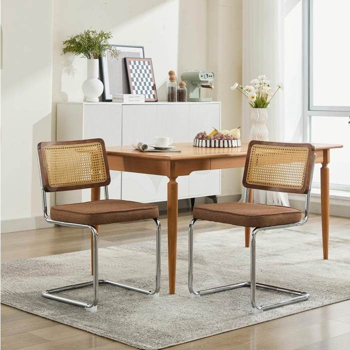 Chaises de salle à manger lot de 2 rotin naturel lin base inox chromée style mid-century modern JOINERY