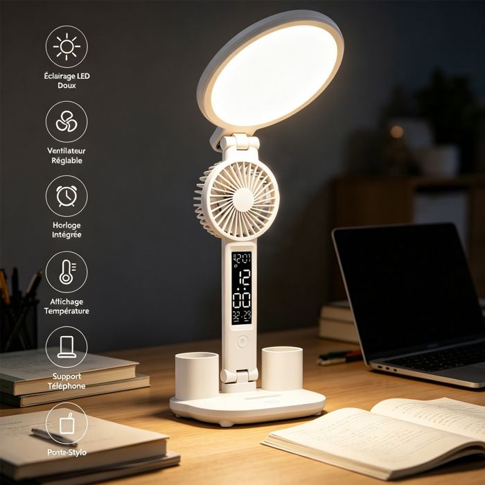 Lampe LED Bureau – Ventilateur Intégré Réglable Écran LCD – Étudiant Enfant Chambre 32cm Blanc