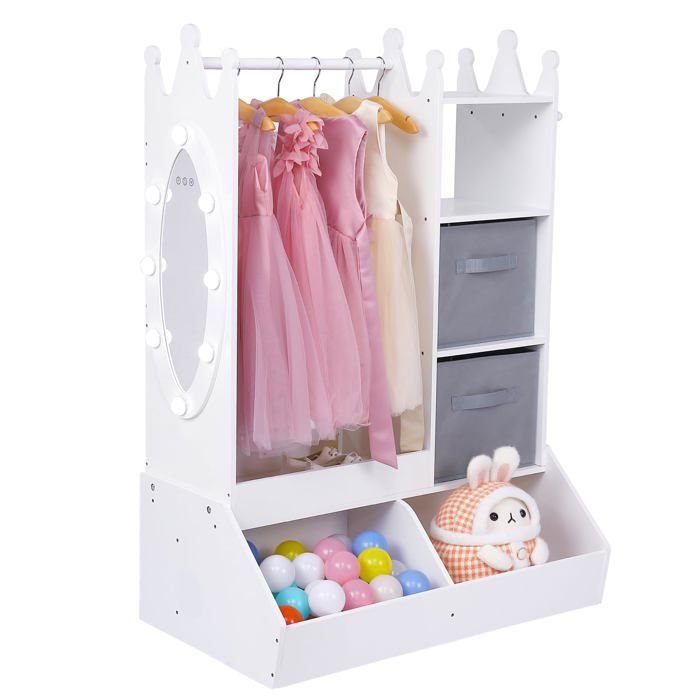 Armoire enfant fille miroir lumineux penderie étagères crochets chambre salle de jeux blanc