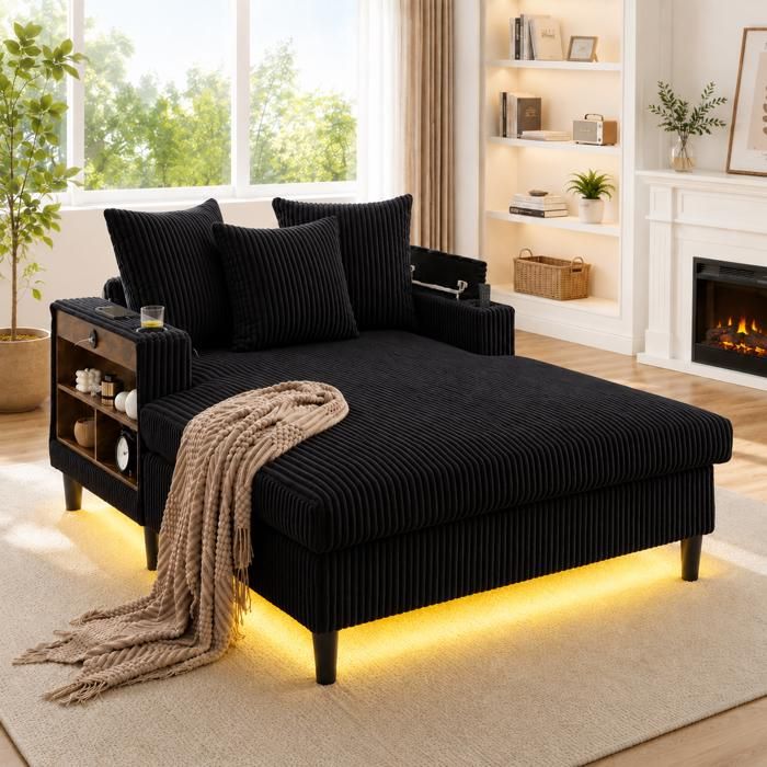 Fauteuil de salon Fauteuil lounge – avec méridienne avec rangement éclairage LED port USB poches latérales porte-gobelets