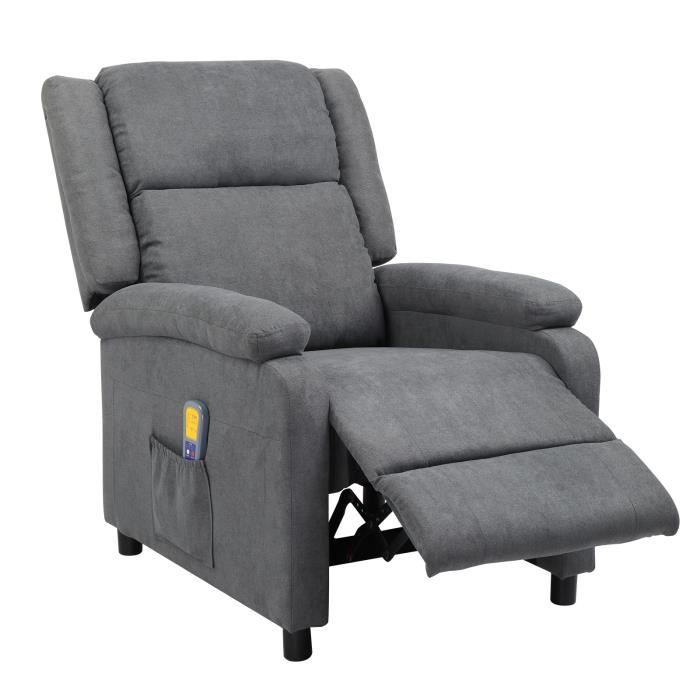 fauteuil inclinable de massage et chauffant, fauteuil de relaxation, tissu - 74 x 66.5 x 102cm - gris clair