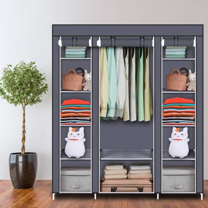 BDW Armoire De Rangement Penderie 2 Portes 4 Étagères 2 Tiroirs - 180x90x51cm Gris Pour Chambre Et Salon