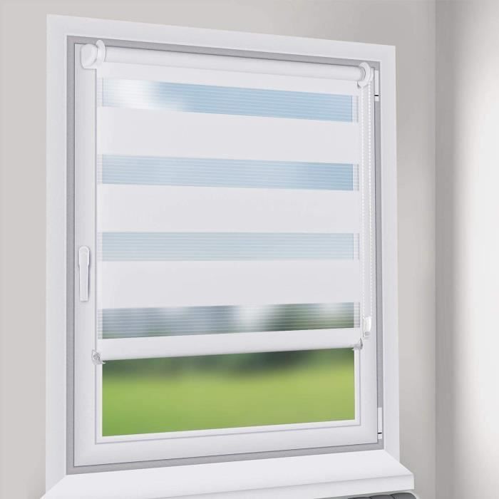 Store Enrouleur Jour/Nuit Blanc Sans Perçage - 50x150cm - Installation Facile Avec Clips Pour Fenêtre Ou Porte - Rideau Zèbre Moderne Pour Salon, Bureau, Chambre
