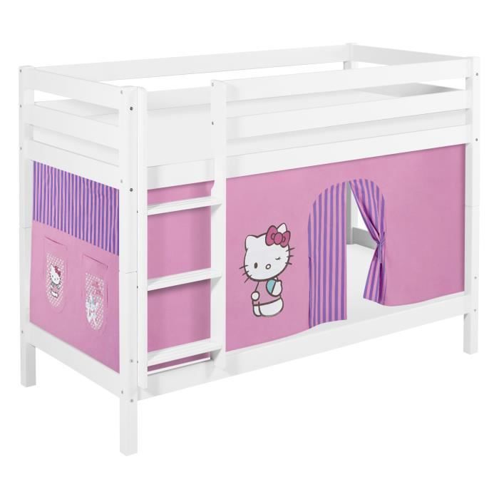 Lits superposés JELLE 90 x 190 cm Hello Kitty lilas - avec rideaux et deux sommier à lattes - LILOKIDS - blanc laqué