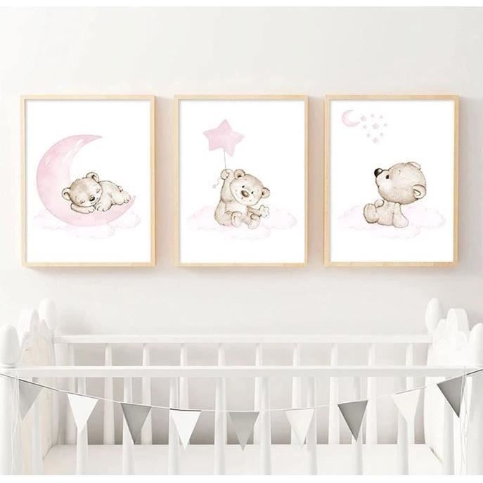 Lot De 3 Affiches Déco Chambre Bébé - Thème Ours, Arc-en-ciel, Nuages - 30x40 Cm - Style Doux Et Boho - Sans Cadre
