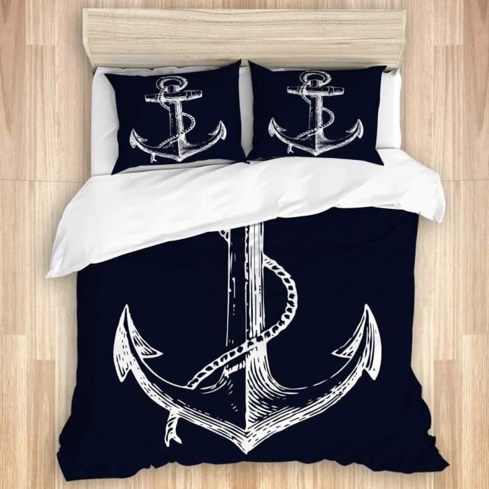 Housse de Couette 220x240cm Ancre Marine Impression avce 2 taies d