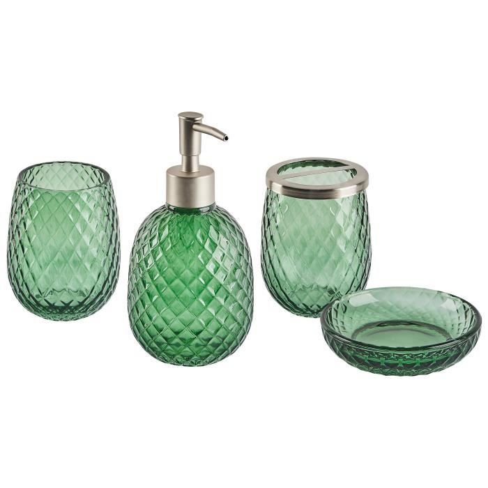 Set 4 Accessoires Salle De Bain Relief Blanc - Porte-savon, Distributeur, Gobelet Et Brosse WC