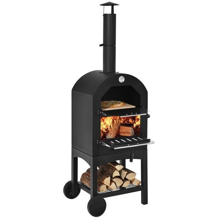 DREAMADE Four à Pizza au Charbon Extérieur avec Cheminée Thermomètre Double Pelle Pierre à Pizza et Housse Étanche Inclus Noir
