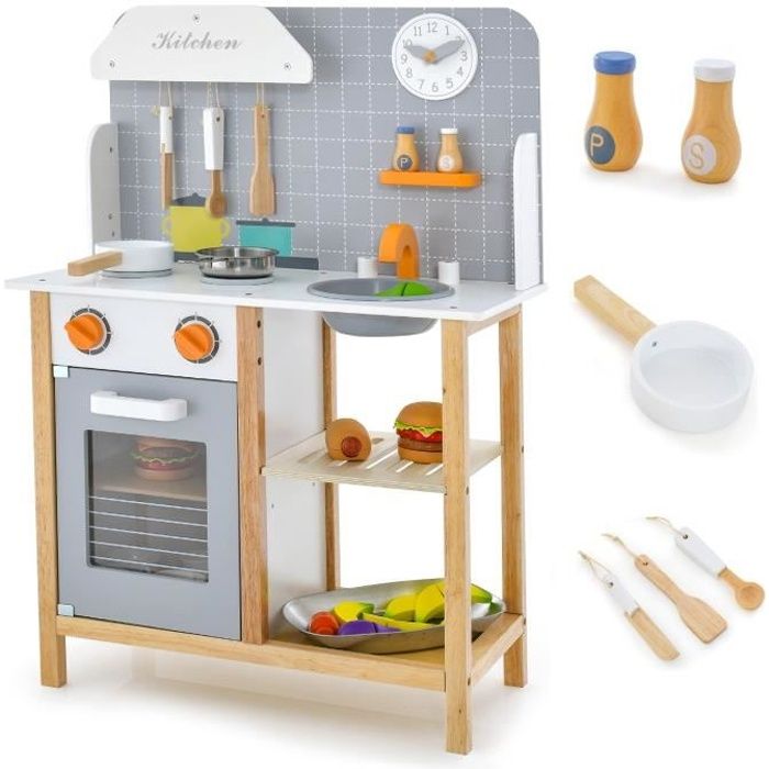 Cuisine Enfant En Bois 70x30x99.5cm - Avec Four, Micro-ondes, Évier Et Accessoires - Jeu D'imitation 3 Ans Et +