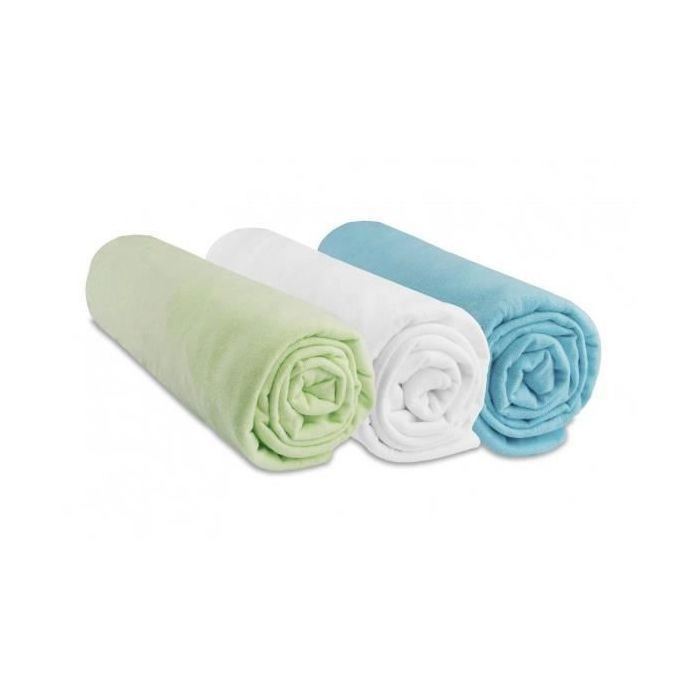 Lot de 3 draps housse coton 70x160 anis blanc turquoise - EASY DORT - Drap housse - 100% Coton - Bleu - Enfant