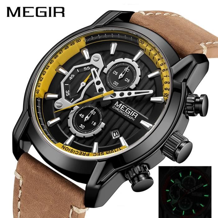 MEGIR Hommes Montres etanche Lumineux Sport Montre En Cuir Chronographe a Quartz Montre