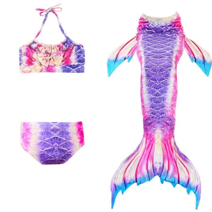 Costume De Sirène Pour Fille - Maillot + Queue + Monopalme, 5 Tailles De 3 à 15 Ans - Idéal Plage, Piscine, Photos