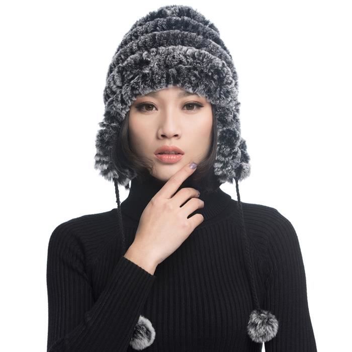 Femmes hiver mode réel Rex fourrure de lapin tricot Ski chapeau en fourrure renard Ball Beanie Cap 
