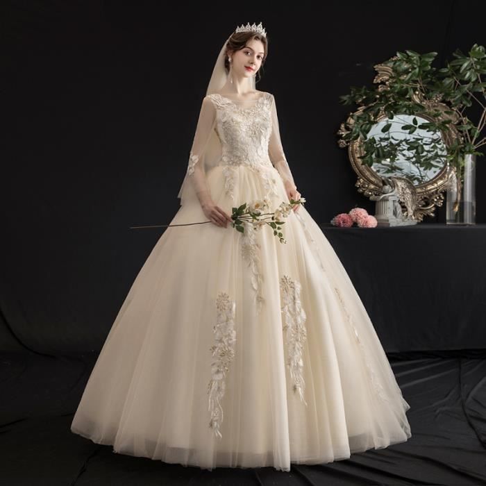 La robe de mariée principale 2021 nouvelle mariée de luxe affleurement sol mince couleur champagne rétro manche longue simple p