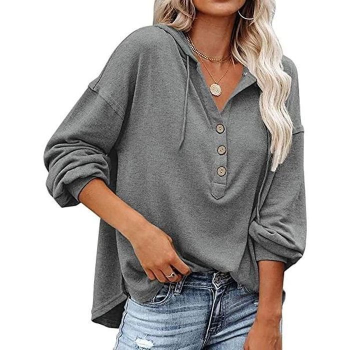 Sweat à capuche pour femme, sweat à col en V boutonné, sweat à capuche décontracté, pull à capuche