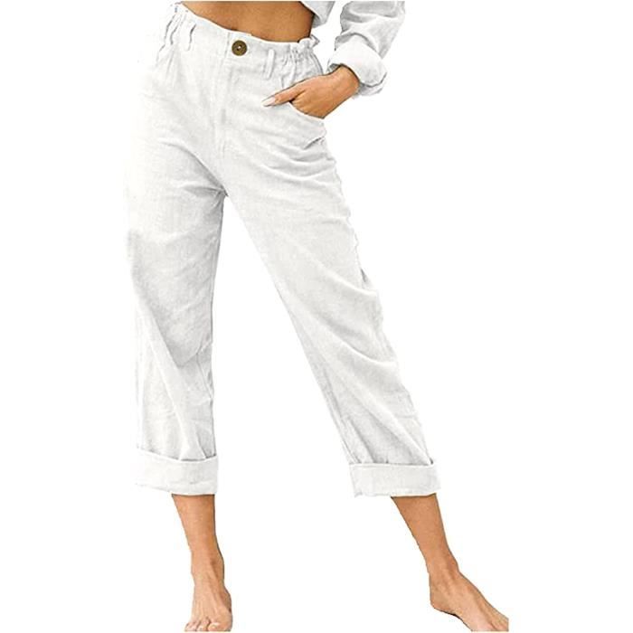 Pantalon Femme En Lin Yuson Girl - Décontracté Taille Haute Élastique Avec Poches Printemps Été