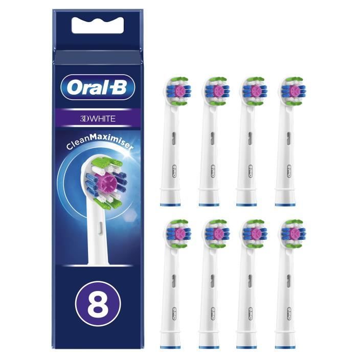 Oral-B 3D White Brossettes de Rechange Clean Maximiser, Brosse à Dents Électrique, Elimination de la plaque dentaire, Pack X8