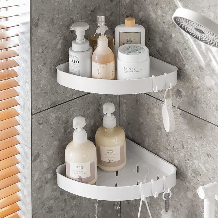 Toski Étagère Douche Angle - 4 Crochets - Blanc - Sans Percage Adhésif