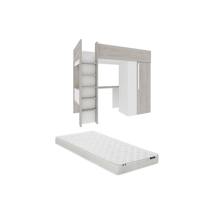 Lit mezzanine 90 x 200 cm avec armoire et bureau - Naturel grisé et blanc + Matelas - NICOLAS