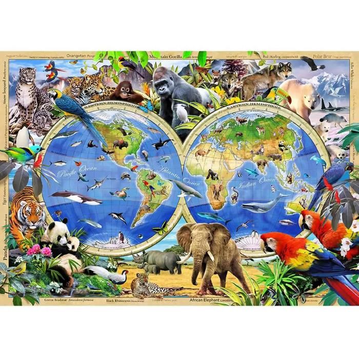 Puzzle en bois - WOODEN CITY - Carte du règne animal - 1110 pièces (1010 irrég.+100 silhouettes) - 519×375 cm - Animaux