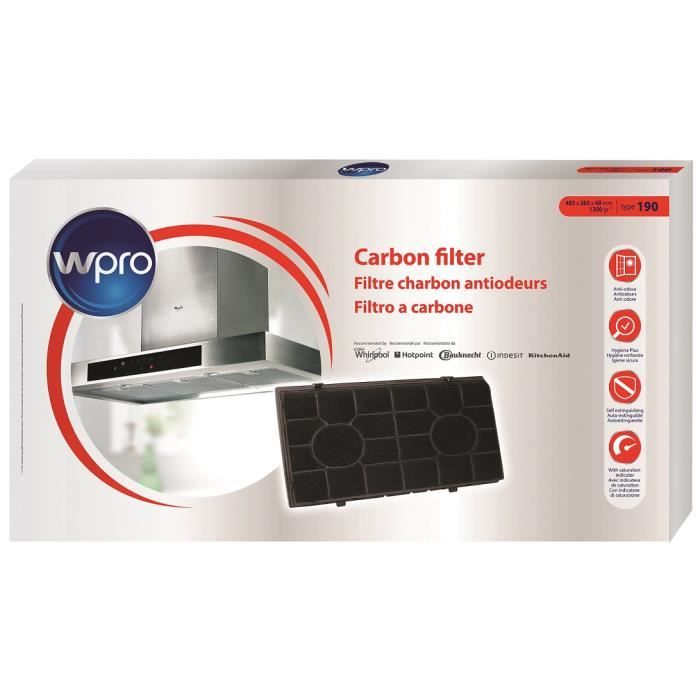 Filtre à charbon pour hotte WPRO - Type 190 rectangulaire - indicateur de saturation - auto-extinguible