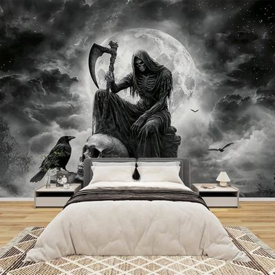 Tapisserie Murale Gothique Tête De Mort Avec Vrilles | Taille 300 X 180 Cm, Tissu Polyester, Pour Décoration Halloween Ou Style Sombre