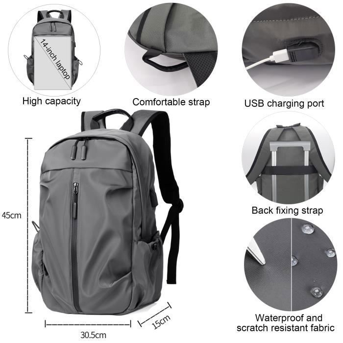 Sac a dos homme et femme elegant Imperm able pour ordinateur portable 14 pouces avec Port de Chargement USB Gris