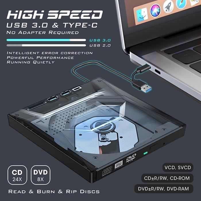 Lecteur - Graveur CD DVD Externe USB 3.0 Ultra Slim + Type-C Port + SD ...
