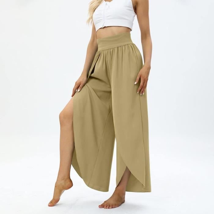 Pantalon Fluide Femme Baggy Ete Taille Pantalon Leger Pants de Plage avec Poches Taille Haute Elastique Chic et Elegante Pants Yoga 1 kaki Cdiscount Pret a Porter