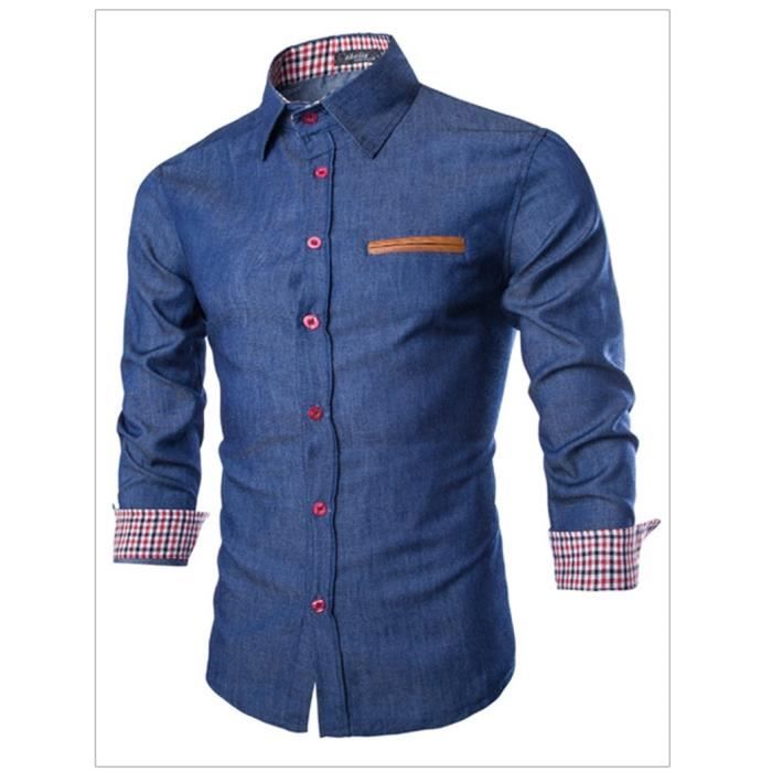 Chemise en jean slim pour homme FUNMOON Bleu fonce Col chemise Manches longues Bleu fonce Cdiscount Pret a Porter