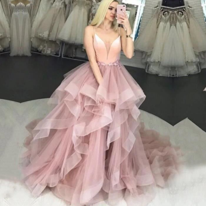 Robe de bal rose Blush pour filles bretelles Spaghetti fleurs en Tulle a volants robe de soiree pour remise de diplome su Blanc Cdiscount Pret a Porter