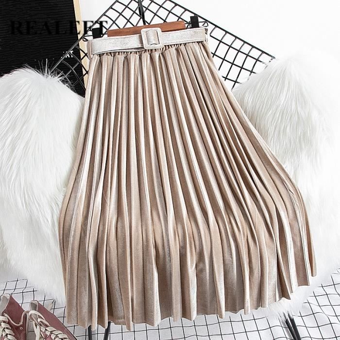 Jupe REALEFT Chic velours jupes plissees nouveau 2020 automne hiver taille haute femmes jupes longues avec ceinture Type Rose