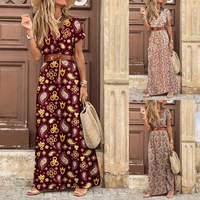 Minetom Robe Ete Femme Boheme Chic Vintage Col V Manches Courtes Robe Longue Casual Imprime Fleurie Maxi Robe De Plage Soiree A marron Cdiscount Pret a Porter