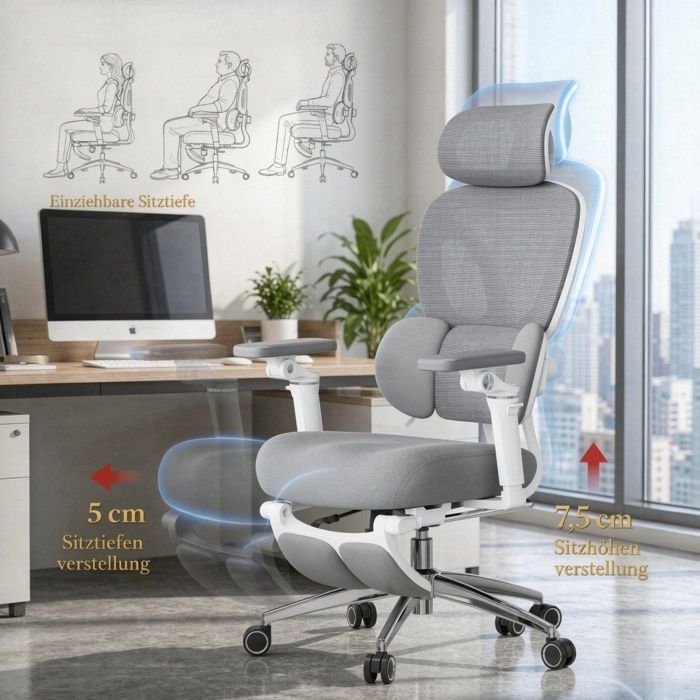 Chaise de bureau ergonomique EVRYAE grise avec appuie-tête 3D ...