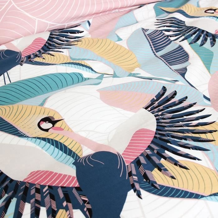 MATT & ROSE - Parure De Lit Bird 260x240 Cm - 100% Coton Oeko-Tex, Imprimé Réversible Gris/blanc/jaune