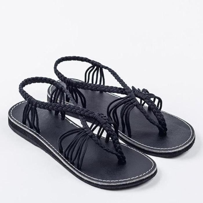 Sandales Tongs Femme Marque t Talons Tong Nylon Corde Noir