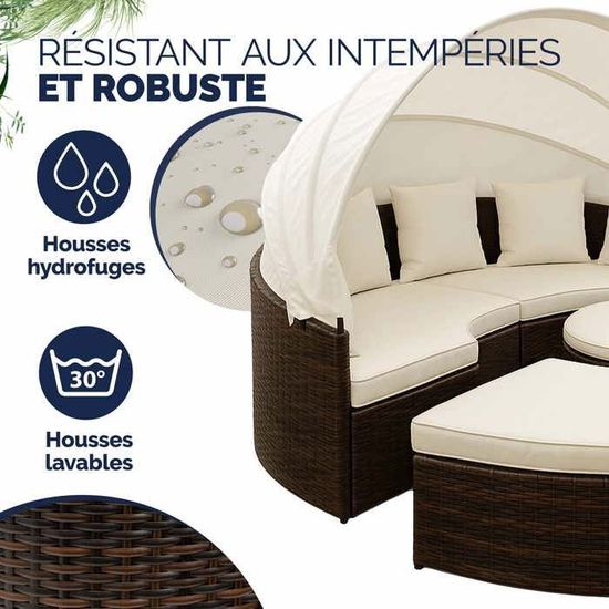 CASARIA® Salon de jardin brun rond 230 cm de diamètre ensemble en