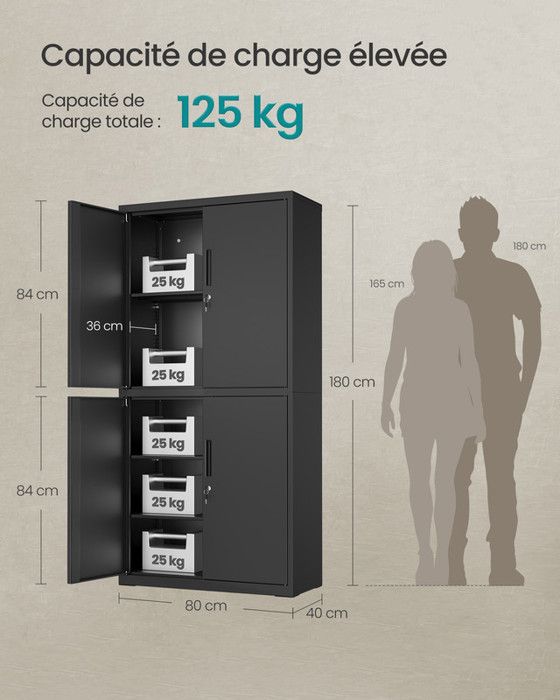 Armoire De Rangement Métal 5 Étagères 180x80x40 Cm - Charge 82 Kg/étagère, Portes Battantes, Serrure, Blanc/Gris
