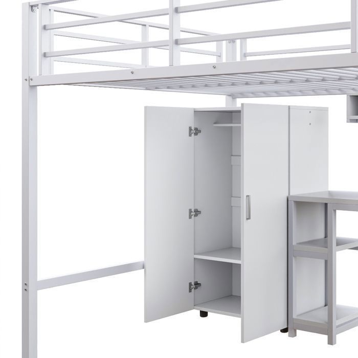 Lit Mezzanine Adulte 140x200 - Placard Intégré, Bureau & Escalier Rangement, Charge 150kg, Blanc - Maison