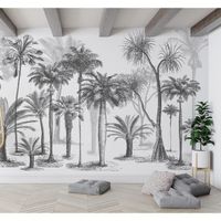 Papier Peint Panoramique jungle Soie, 350 x 250 cm, noir et blanc Sketch Tropical Rainforest Coconut Tree Poster Geant Mural