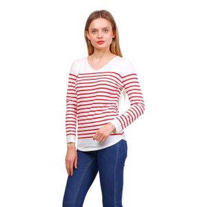 PULL Pull femme de style marin - Pull col en V - Manches longues - Rayé rouge