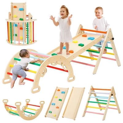 Cadre escalade 5-en-1 pour Enfants - Échelle en Triangle, Arc d'escalade, Balance Board et Coussin, Gym en Bois pour Enfants de 1 à 3 Ans