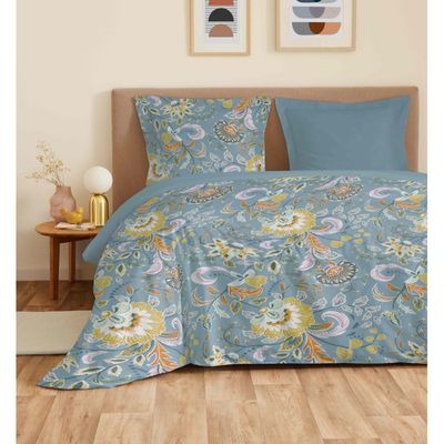 Le Linge De Jules Parure Drap Plat + Drap-Housse 160x200 + 2 Taies - Pur Coton 57 Fils Ginko Bleu