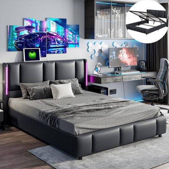 Lit Double 160x200 Avec Sommier, LED RGB Et Ports USB - 3 Tiroirs De Rangement - Tête De Lit Velours Gris