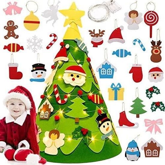 Fansport 3,2ft Double de Face DIY Feutre Arbre de Noël pour Les Enfants Deux Guirlandes Lumineuses de 16,4 ft Sapin de Noël Feutrine avec 40 PCS Ornements Détachables