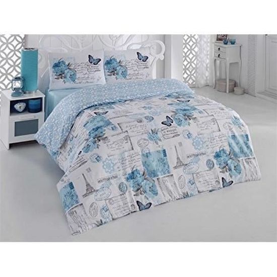 Parure De Lit Belle Rose Bleue 2 Personnes 100 Coton 4 Pieces Housse De Couette 200x220 Cm Drap Plat 2 Taies D Oreiller Achat Vente Housse De Couette Et Taies Cdiscount