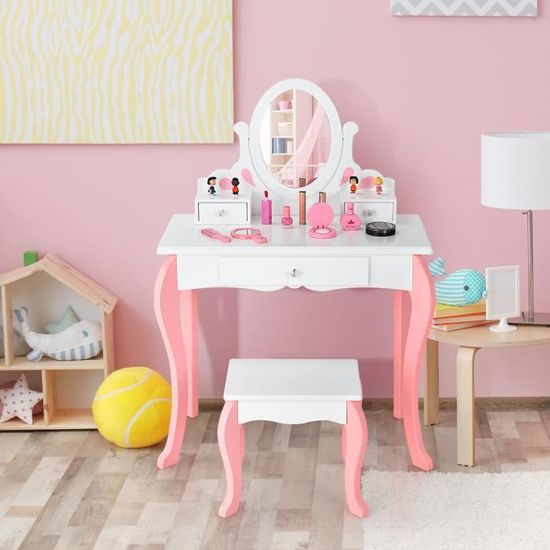 Coiffeuse Enfant Fille 3-7 Ans Dreamade - Bureau 2-en-1 Avec Miroir Et Tabouret - Blanc/naturel